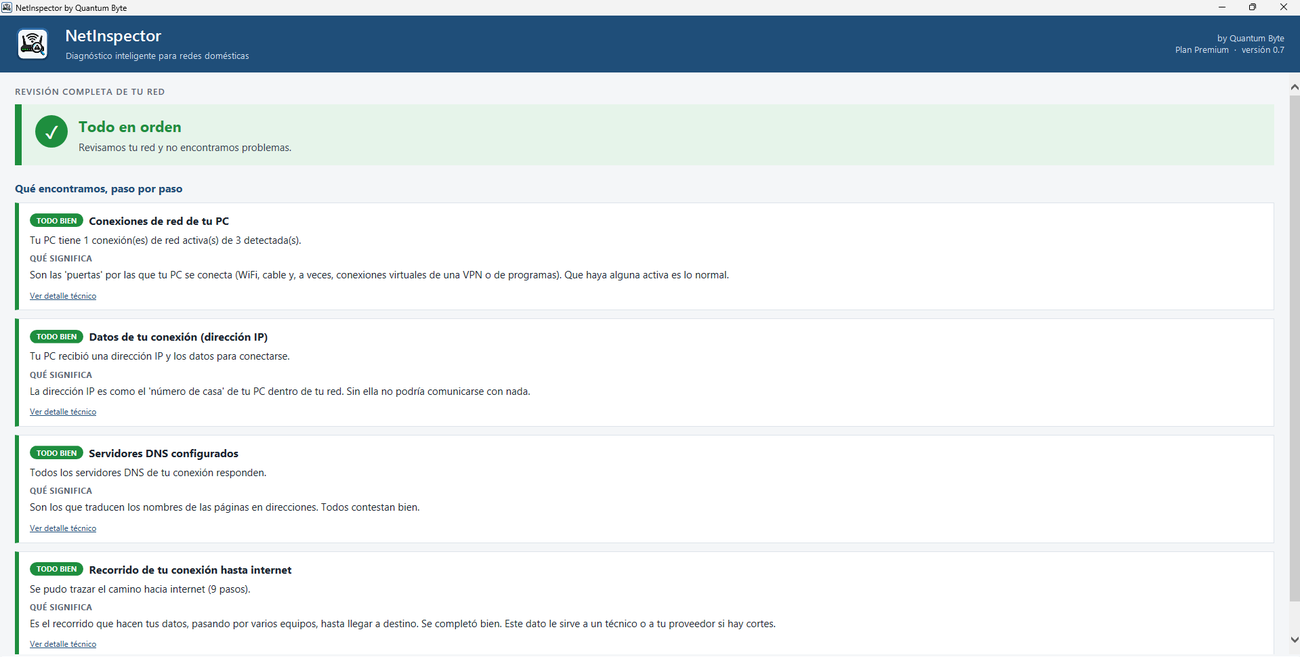 Revisión completa de mi red: conexiones, dirección IP, servidores DNS y recorrido hasta internet.