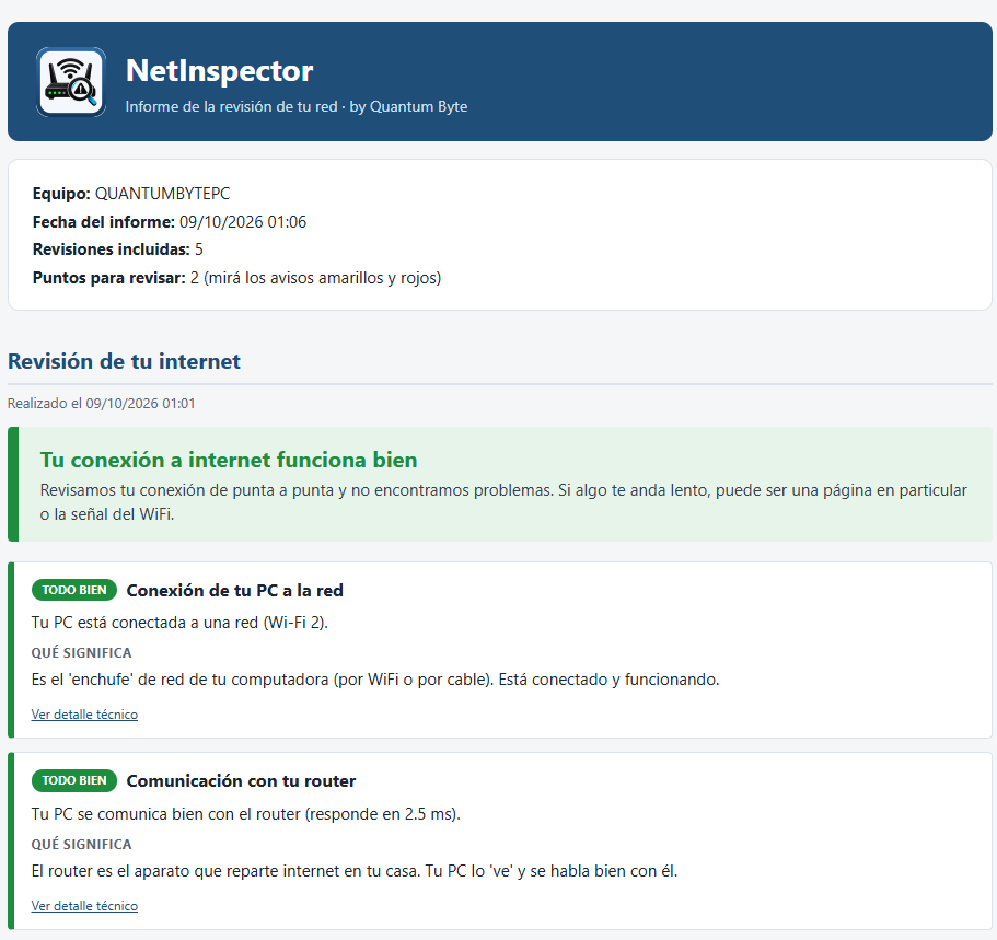 El informe guardado: todo lo que revisaste en un archivo, para conservarlo o mostrárselo a un técnico.