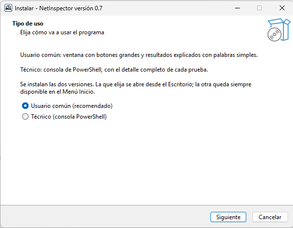 Asistente de instalación de NetInspector: pantalla «Tipo de uso», con las opciones Usuario común (recomendado) y Técnico (consola PowerShell).